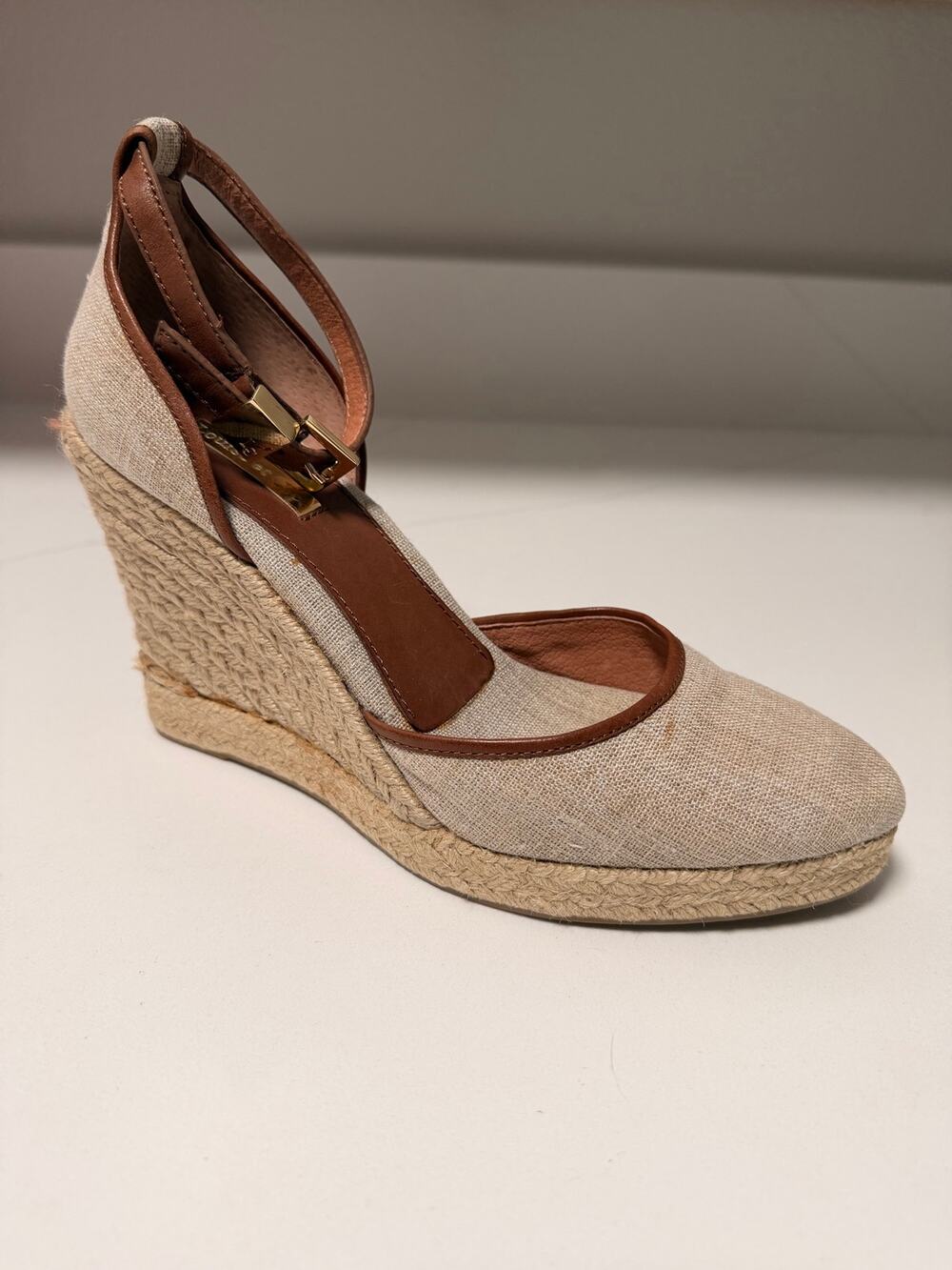 Louise et Cie Linen Tan Leather Ankle Strap Women’s 7.5  - NWOB